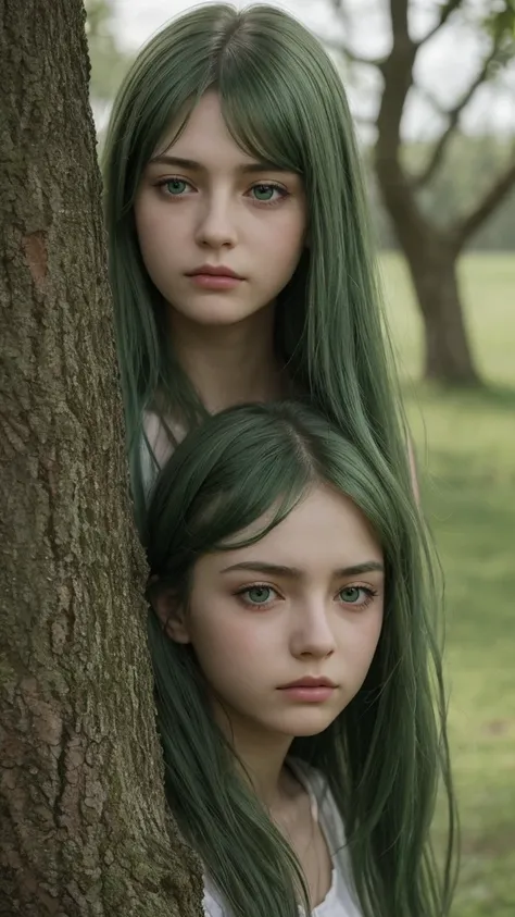 a european girl, detailed face and eyes, delicate facial features, half-closed eyes, green eyes, long messy hairstyle, green hair, sad, angry, embarrassed, sitting against a tree