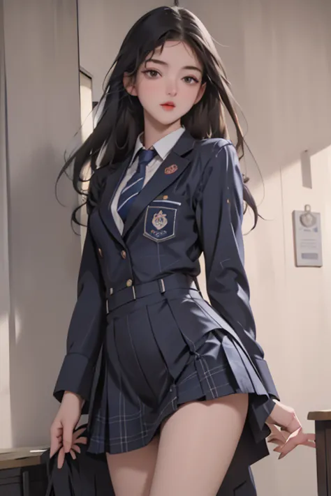 girl standing in a classroom in a school building,blue tie uniform,  dark blue blazer  , blue plaid skirt,18 years old,bangs,lau...