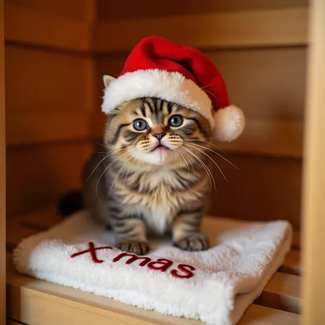 A Scottish Fold kitten smiles at you in a sauna wearing a Santa hat and a towel embroidered with the word "X-mas" on the floor