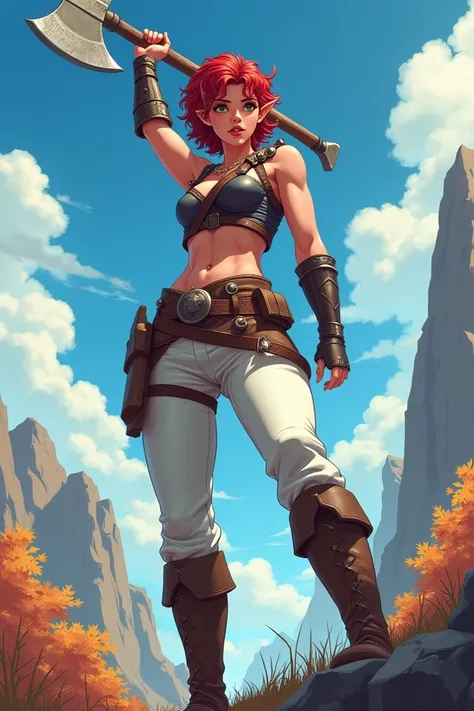  Create an image with the perspective from below . A warrior woman,  with pointy ears .  with a very strong and athletic physique .  white skin .  painted lips. short curly hair carmine .  wearing sleeveless leather armor and white pants, with long boots. ...