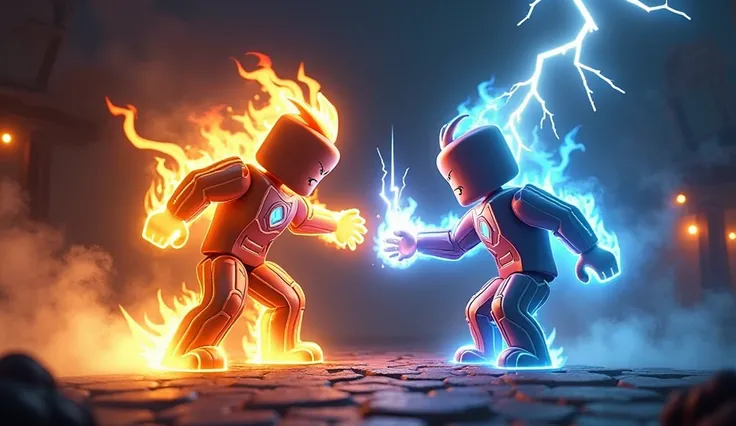 Roblox characters fighting 1 vs 1, blox fruits, with fire spell and lightning spell and dark background 