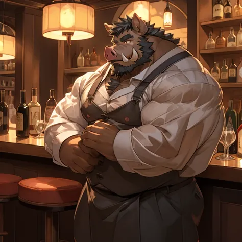 Male boar, pig, big tusks, barman, dark skin, wine skin, black hair, black short beard, bar