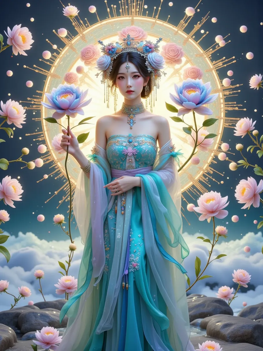 ancient chinese《classic of mountains and seas》, falling like a star ，peony essence ， is huge ，, the flowers are blue, and the pe...