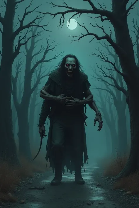  A terrifying scene on a deserted and dark road ,  surrounded by dead and twisted trees .  A traveler is being attacked by the Dry Body ,  that grabs him by the neck with his thin and bony hands.  The Dry Body has a grotesque expression ,  with a macabre s...