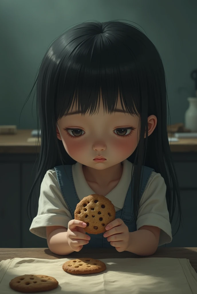 A sad grade 1 girl holding a one piece of cookie