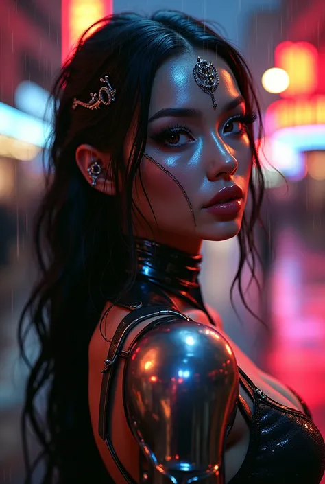 a cyborg courtesan in glossy stockings,paris near moulin rouge,full body realistic photo,beautiful detailed eyes,beautiful detailed lips,extremely detailed eyes and face,longeyelashes,intricate cybernetic implants,metallic skin,high-tech prosthetic limbs,n...