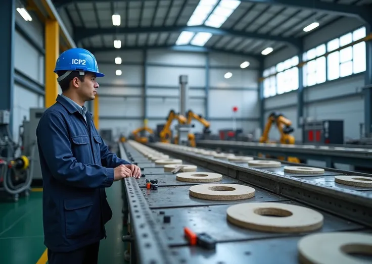 A state-of-the-art automotive disc brake core sand manufacturing facility, blending modern technology with traditional industrial processes. In the foreground, a single engineer wearing safety gear, including a blue hat labeled with the text "ICP2", stands...