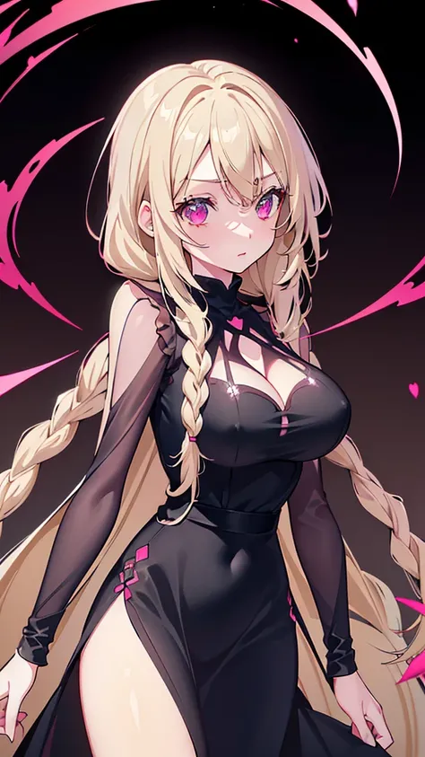 ((Beautiful Beautiful Girl)), (dark pink heart color eyes), 1  and slender woman, degree々big breasts, ((light beige color hair)), ((long braided hair)),In 8K, Best quality, (highly detailed head), (very detailed face), (Highly detailed hair), ((black dress...