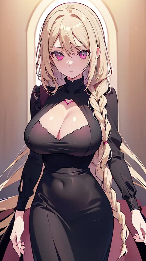 ((Beautiful Beautiful Girl)), (dark pink heart color eyes), 1  and slender woman, degree々big breasts, ((light beige color hair)), ((long braided hair)),In 8K, Best quality, (highly detailed head), (very detailed face), (Highly detailed hair), ((black dress...