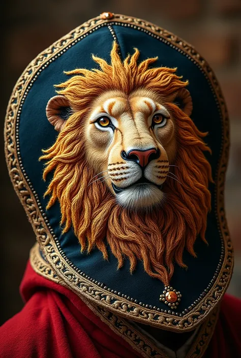 embroidered cap of a medieval lion 
