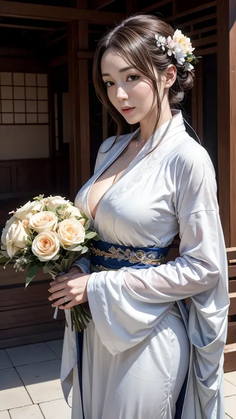 there is a woman in a wedding dress holding a bouquet of flowers, guweiz, artwork in the style of guweiz, guweiz on artstation pixiv, guweiz on pixiv artstation, guweiz masterpiece, trending on cgstation, 🌺 cgsociety, palace ， a girl in hanfu, 8k high qual...