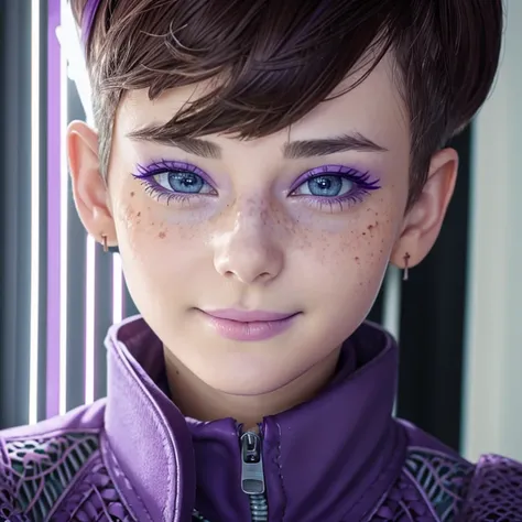  Photo of a 15-year-old European girl , .RAW, Beautiful woman,freckles on cheeks ,beautiful blue eyes(Light brown hair pixie haircut),pixie haircut (( portrait)), (( detailed face:1.2)), ((Detailed facial features)), ( finely detailed skin ),purple beret  ...