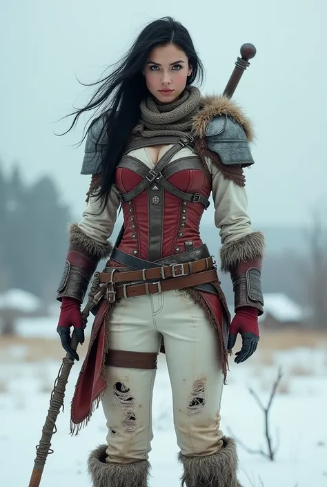 A photo realistic full-body portrait of a fierce post-apocalyptic warrior woman standing confidently in a snowy wasteland. She has strikingly sharp facial features, piercing eyes, and flowing dark hair that moves with the wind. Her outfit is a mix of rugge...