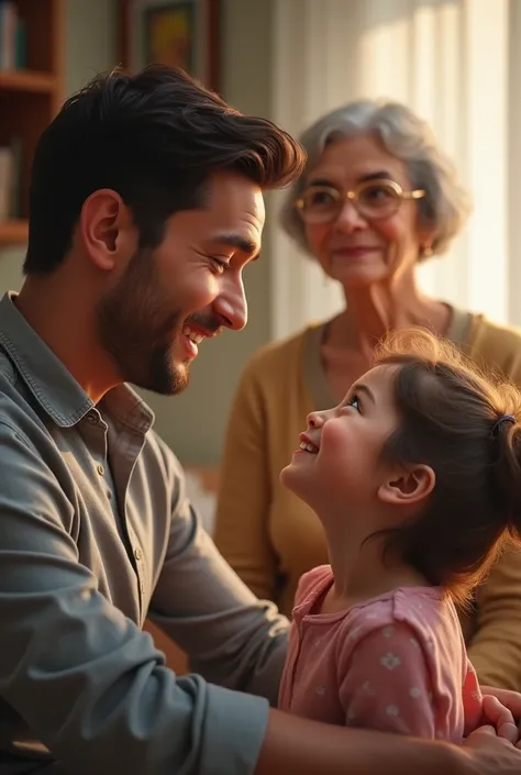 Young man with his five-year-old daughter looking at each other tenderly and his mother in the background
