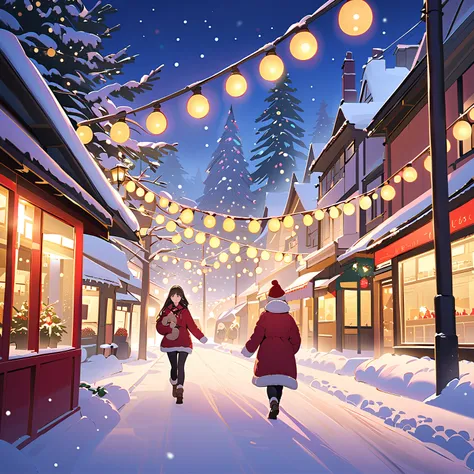  Christmas lights 、Girl walking with dog、Snow Scene