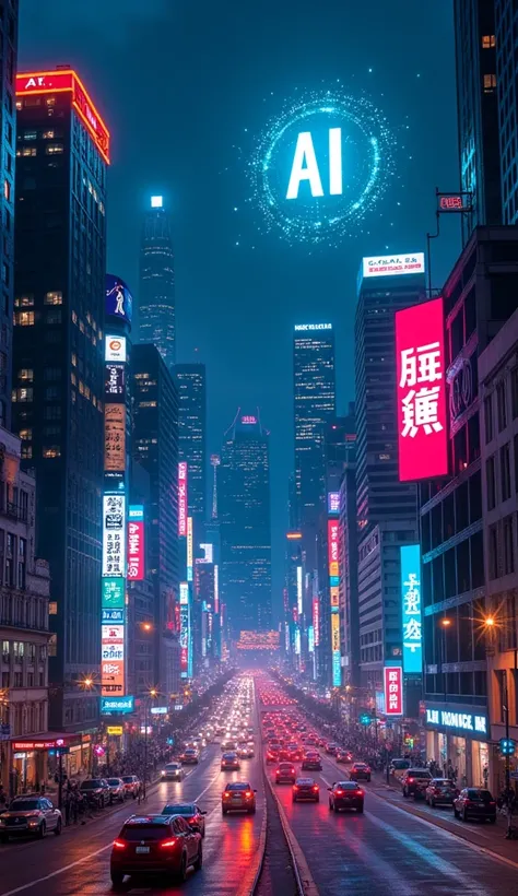 A bustling nighttime cityscape of a business district illuminated by vibrant neon lights, with skyscrapers adorned in glowing advertisements. The night sky features a prominent AI symbol, blending seamlessly with the urban environment, creating a futuristi...