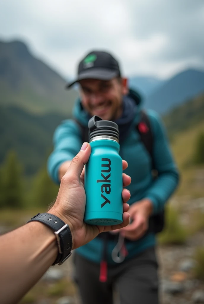 An attractive photo ,  of a person using the bottle with the name Yaku in an adventurous situation (mountain, hiking, Trip).  The image should reflect the concept of sustainability and functionality of the product.