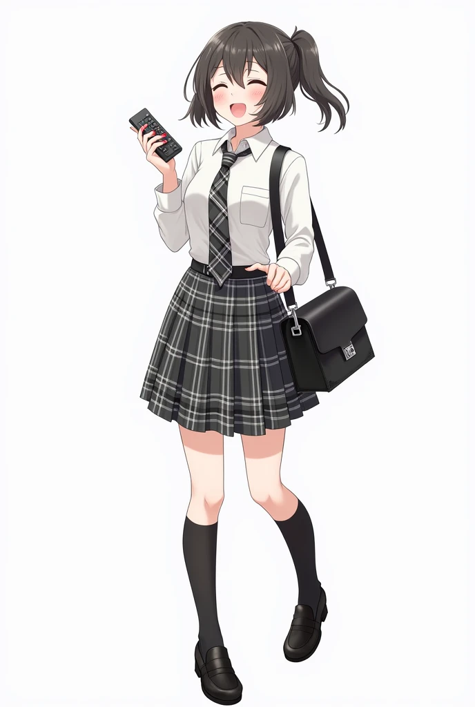 Anime teenage woman with pink nails with schoolboy long-sleeved white shirt and plaid Scottish tie in dark gray and white tones and plaid pleated skirt in combination of dark gray and white colors, following a uniform pattern and socks In black , cover up ...