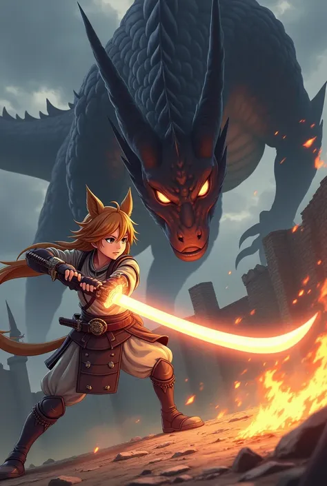 "A young anime-style demi-human warrior, with long raccoon ears and bright brown hair, fiercely fighting against a giant dragon with dark scales. The warrior is wearing detailed light armor and holds a glowing katana in both hands, while performing an agil...