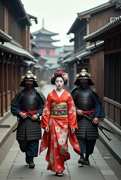 Geisha walking in medieval Kyoto with two samurais as her bodyguards, ((full-body, realistic photo)).