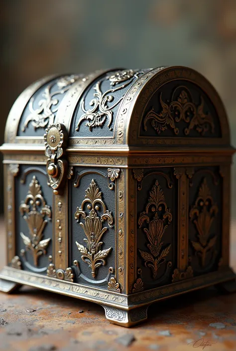 A high resolution, non-blurred, half-faced metal treasure chest with an ornate, Renaissance-patterned image.