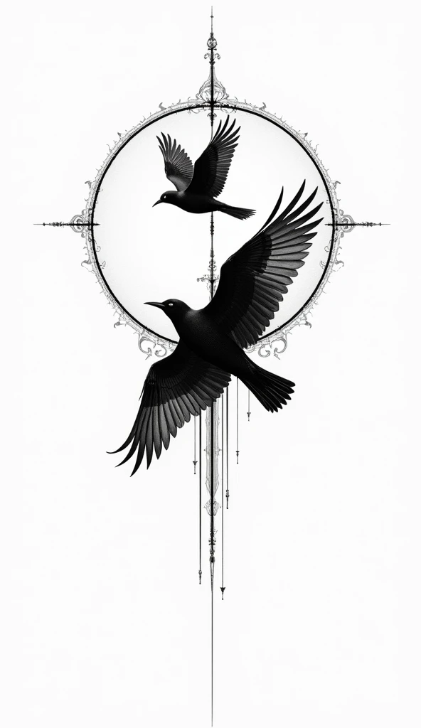  birds flying ,  black and white image,  geometric shapes, a triangle, Circle, straight line, modern european ink painting ,  precise and intricate line work, strong line work, perfectly Detailed lines, insanely Detailed lines, Detailed lines, super intric...