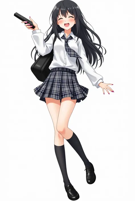 Teenage woman with black hair anime with pink nails with school long-sleeved white shirt and plaid Scottish tie in dark gray and white tones and plaid pleated skirt in combination of dark gray and white colors, following a uniform pattern and socks In blac...