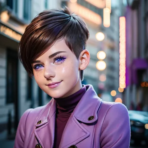  Photo of a 15-year-old European girl , .RAW, Beautiful woman,freckles on cheeks ,beautiful blue eyes(Light brown hair pixie haircut),pixie haircut (( portrait)), (( detailed face:1.2)), ((Detailed facial features)), ( finely detailed skin ),purple beret  ...