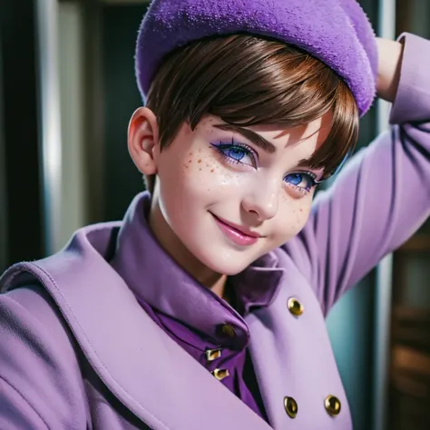  Photo of a 15-year-old European girl , .RAW, Beautiful woman,freckles on cheeks ,beautiful blue eyes(Light brown hair pixie haircut),pixie haircut (( portrait)), (( detailed face:1.2)), ((Detailed facial features)), ( finely detailed skin ),purple beret  ...