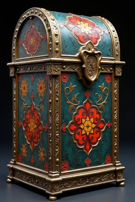 High-resolution half-sided metal treasure chest with colorful Renaissance motifs from the Middle Ages