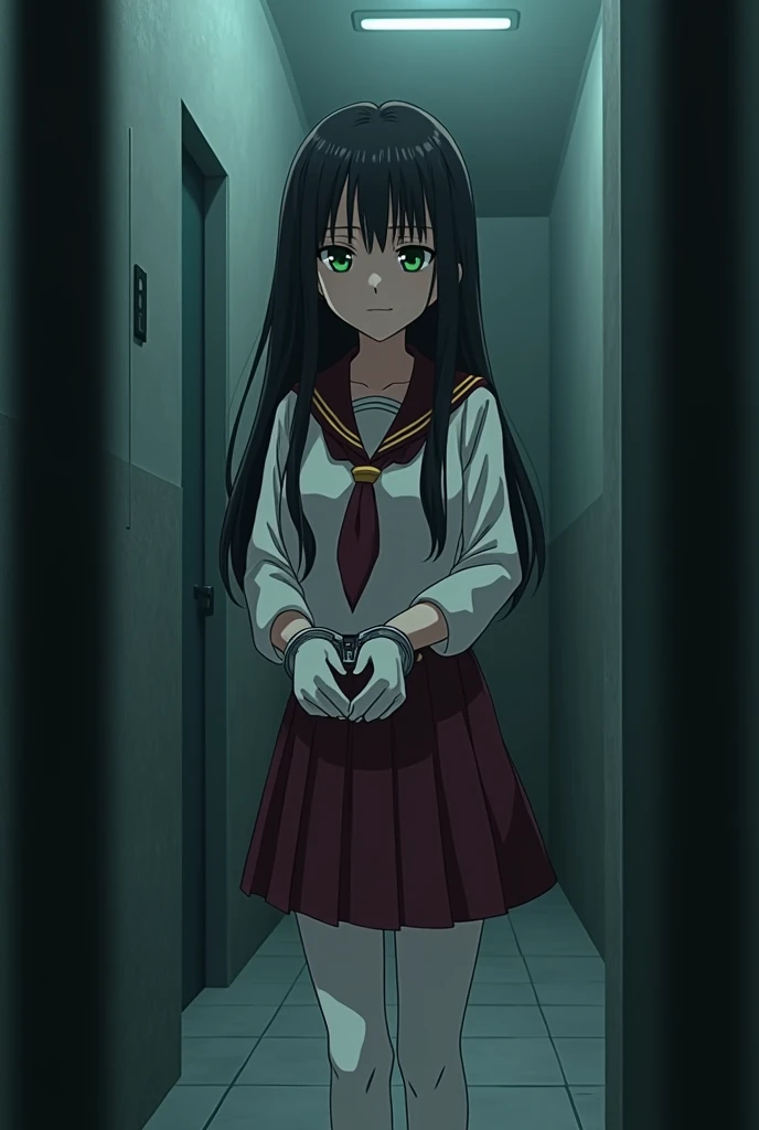  ((A (severus snapes daughter:((11years old)) european girl,black hair, green eyes) , dark long hair anime girl，wear white student，Wearing a dark red pleated skirt，Put on white tights，Put on long white gloves，imprisoned in prison，Hands are handcuffed￼￼￼￼