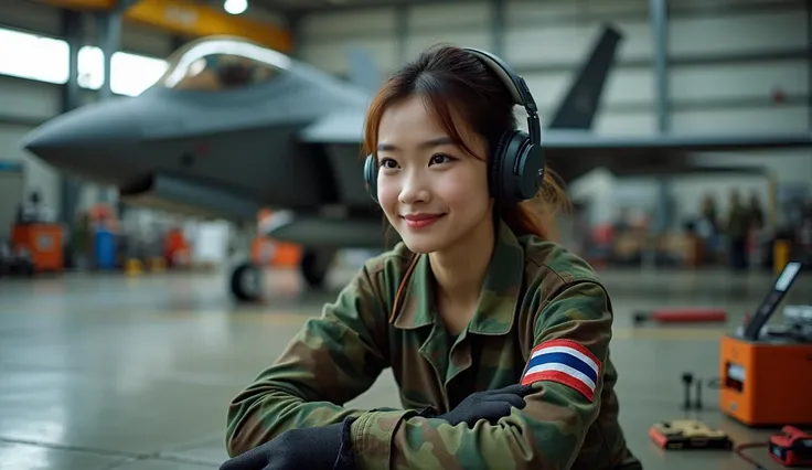 Thai girls are beautiful and talented like any other nation in the world. A Thai female airplane mechanic is resting while repairing an F5. : "The highest quality ((Professional photo RAW image)), (Golden ratio) (Wide angle) Top view, incredibly realistic,...