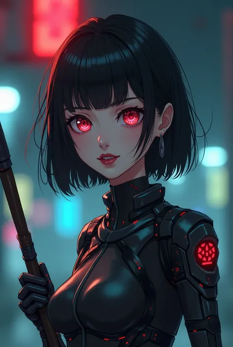 une fille cyborg dans le style ghost in the shell (le film d’animation de 1995 je veux exactement le même style de dessin) avec les cheveux châtain foncé, une frange, de long yeux en amande avec de longs cils et une belle bouche rouge bordeaux et la couleu...