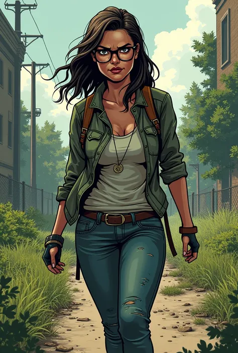 a glasses woman, full body, in the background a park, the zombie apocalypse thematic, comic drawing style, HD, without gun,without weapons, very detailed.