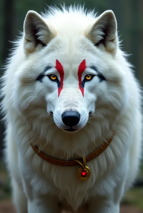 Un loup blanc avec deux bande du le museau la rouge proche du nez et la noir qui la suit il a les yeux jaune et un triangle rouge à l’envers en dessou des yeux il a le bout des oreilles noir et une ligne rouge par la suite il a aussi un anneaux doré 