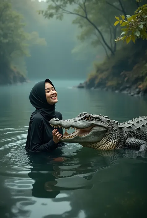 
 a beautiful woman , wear hijab, wear a hoodie and wear black leggings, happy face, was swimming in the water , play alongside giant crocodile swimming, Next to Cannon Photography, 8K