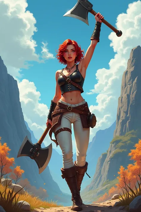  Create an image with the perspective from below . A warrior woman,  with pointy ears .  with a very strong and athletic physique .  white skin .  painted lips. short curly hair carmine .  wearing sleeveless leather armor and white pants, with long boots. ...