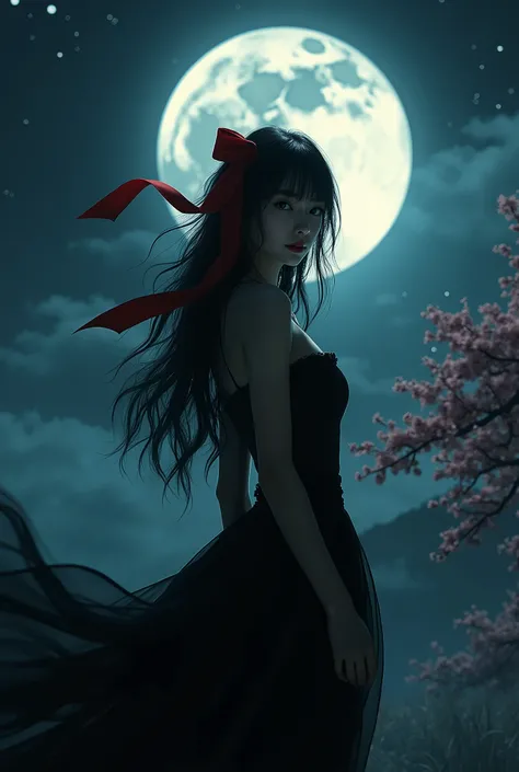 masterpiece, best quality, detailed, 1girl, solo, night sky, outdoors, full moon, stars, clouds, night,,  dark sakura, (black dress), long hair, evil smile, red ribbon, striped, thighs