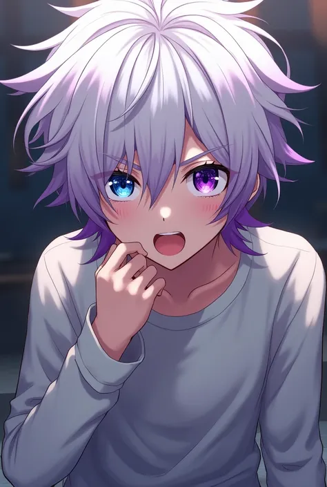  wanted anime, male  ,  White hair with purple ends , Right eye is blue, Purple left eye ,  wearing a grey-white long-sleeved shirt. Mouth open with