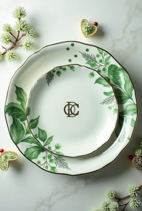 「Y.CHERISH」A plate with a logo called   ,    Tableware、Tableware marked ,  新鮮な緑のパターンのTableware  , platinum, 装飾マークの付いたクリスマス風Tableware 雪