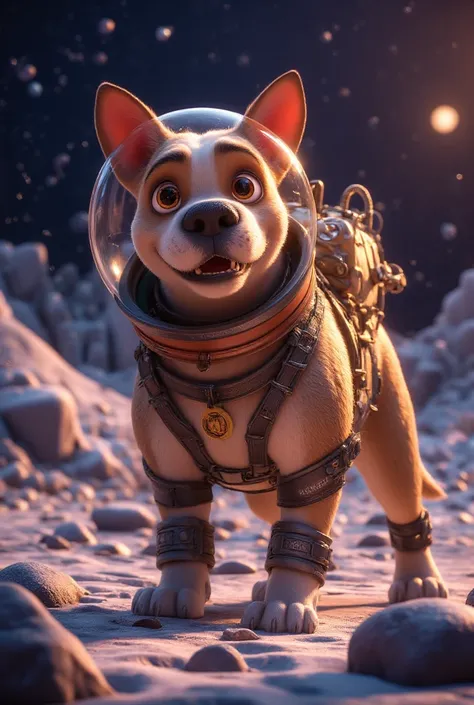 A dog with an astronaut helmet and space suit, on the moon