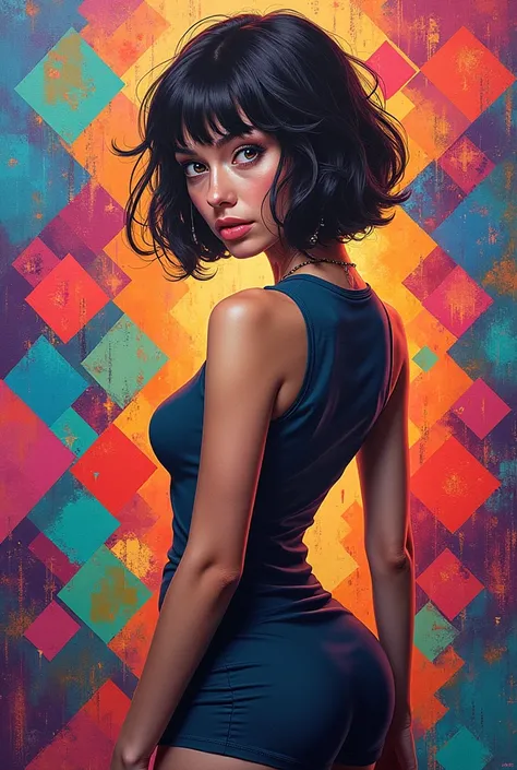 (short hair girl ),(Best posture),(best angle), (Better expression), Eduardo Kobra Acorjo Amento ,Multidimensional geometric wall portrait, Artistically, tchibi,yang08k, big breasts beautiful, coloring, abstract, psychodelic