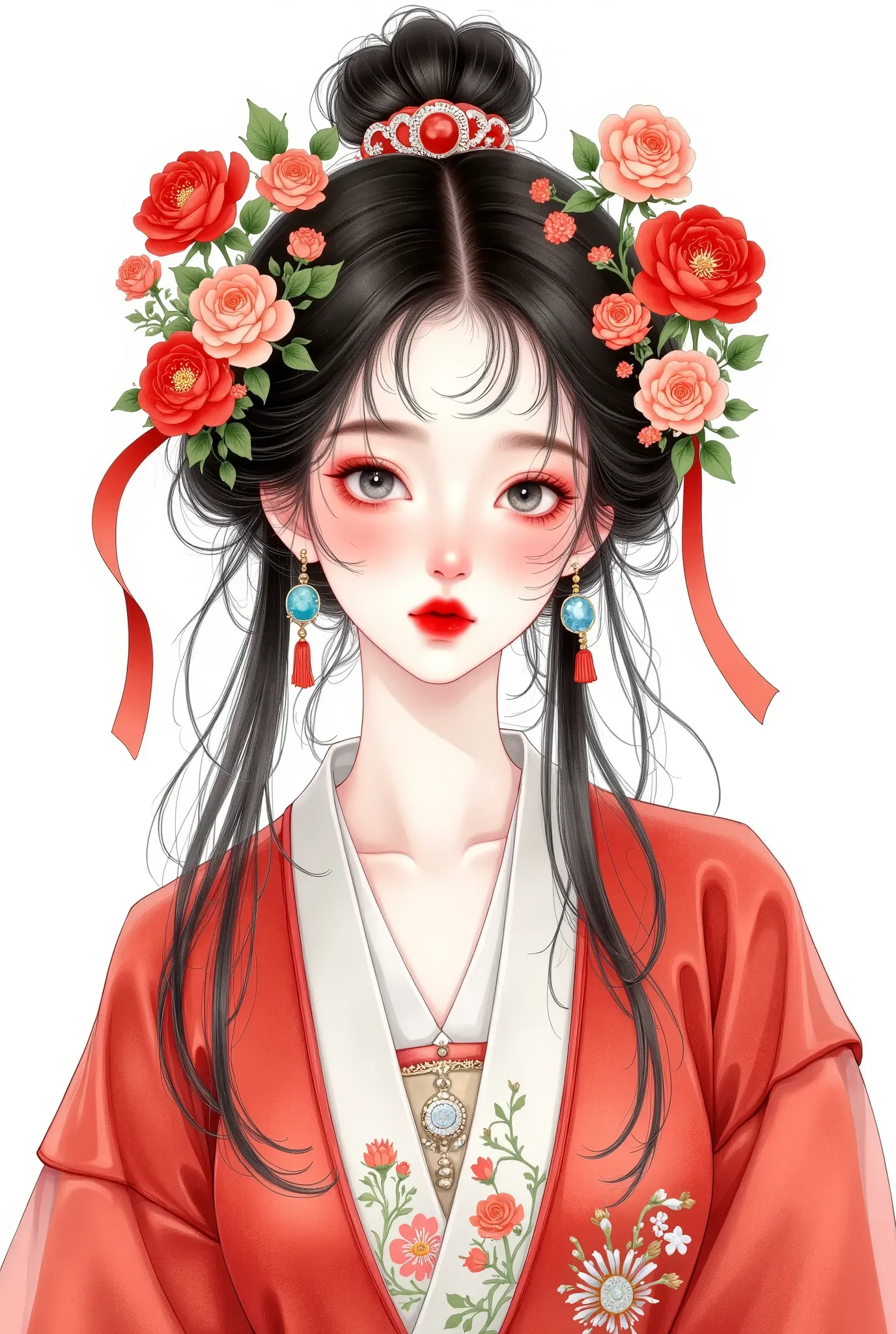 watercolor：beautiful girl portrait，red hanfu，costume。 messy hair ，flowing headband