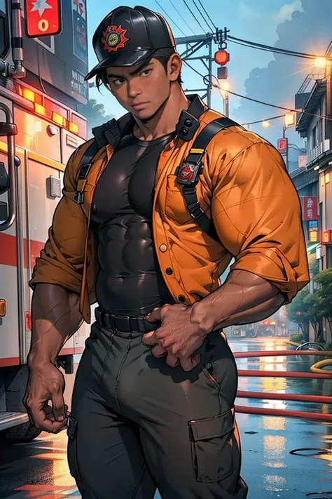 nsfw, (((1boy))), ((Take off your own shirt)), 20 year-old boy, cute baby face, ahegao, orgasm, bulky body, ((close-cropped black hair)), (bozu), huge butt, bulge, masterpiece, best quality, perfect anatomically, high detailed, (((firefighter))), (clothed ...