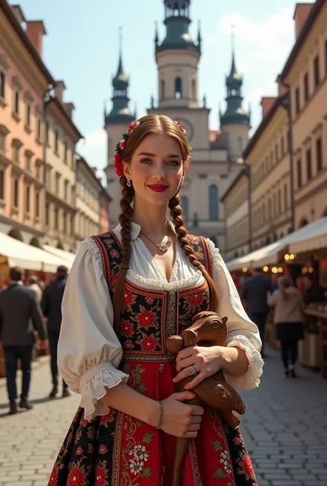 A beautiful traditional Polish woman in a Krakow folk costume, holding a lajkonik (a wooden hobby horse), standing in the Krakow market square with the iconic Sukiennice cloth hall in the background, highly detailed, intricate, ornate, beautiful traditiona...