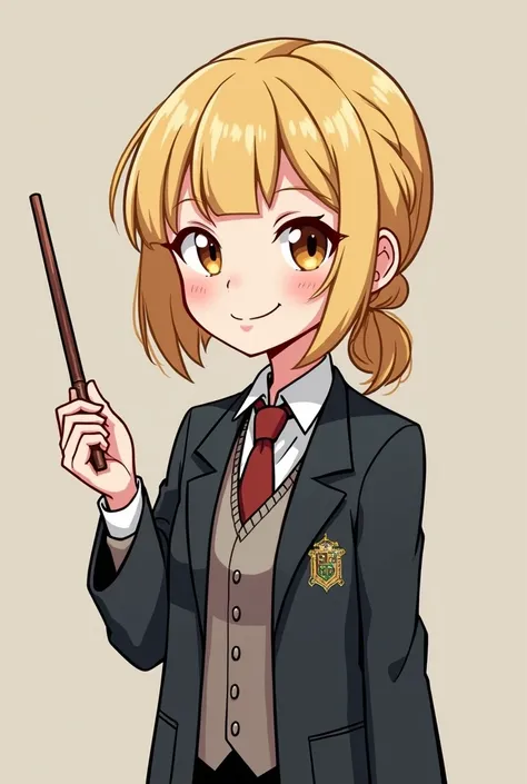  A woman in the Harry Potter universe . She is a teacher,  she has a short blond braid tied back,  she is smiling and wearing a suit from Hogwarts , She has a small magic wand . Simpler Cartoon Stil oder Chibi!