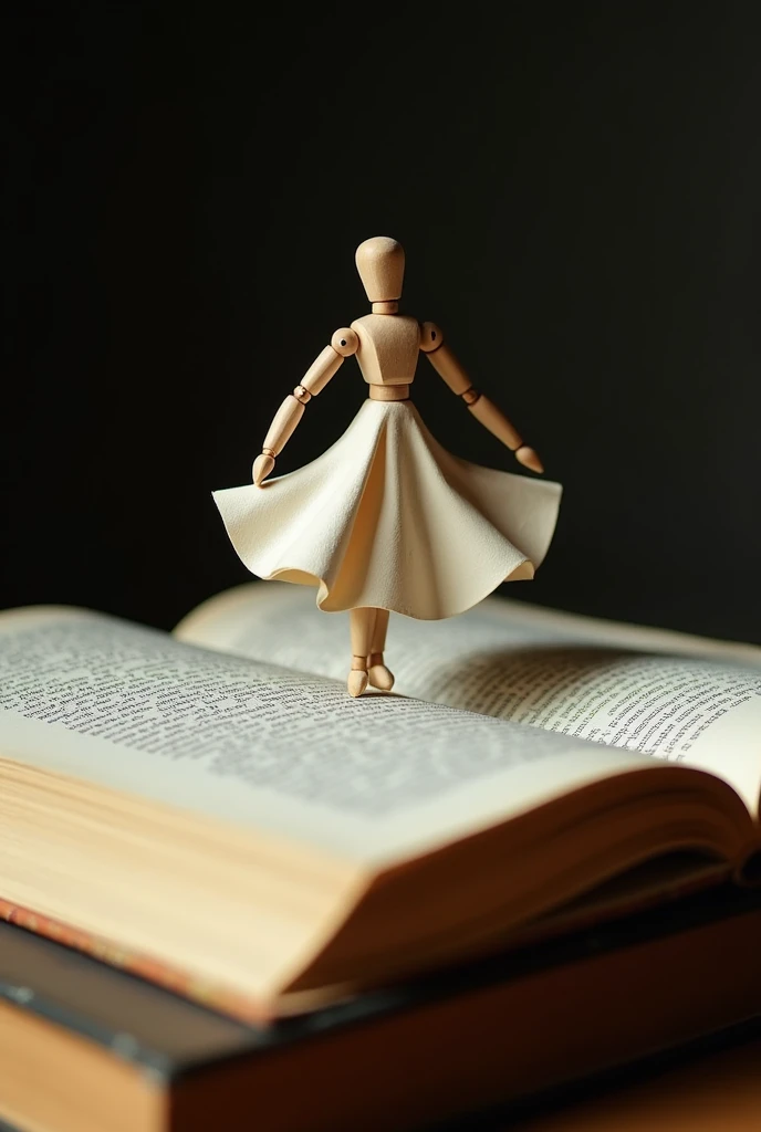 there is a small wooden figure standing on top of an open book, the art of books, with one vintage book on a table, don quixote left the book, dramatic reading spell book pose, miniature origami figurine, beautiful adult book fairy, paper modeling art, dan...