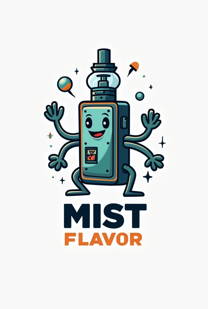  Make a logo for a vaping store called  "Mist Flavor ", That the name and a character that is a vape appear in the logo