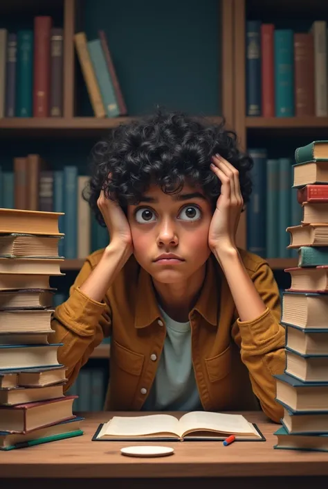 ADITI Feeling Overwhelmed: Rohan with a stressed expression, surrounded by books, feeling the pressure of his studies.