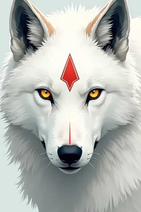 A white wolf with two stripes on the muzzle, the red one near the nose and the black one following it, it has yellow eyes and an upside-down red triangle below the eyes, it has the tips of the black ears and a red line through the following it also has a g...